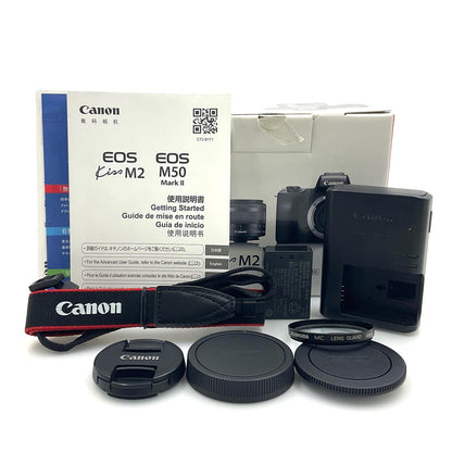 【全額返金保証】【最速発送】Canon デジタル一眼 EOS Kiss M2 EF-M15-45 IS STM レンズキット ブラック 美品 動作確認済