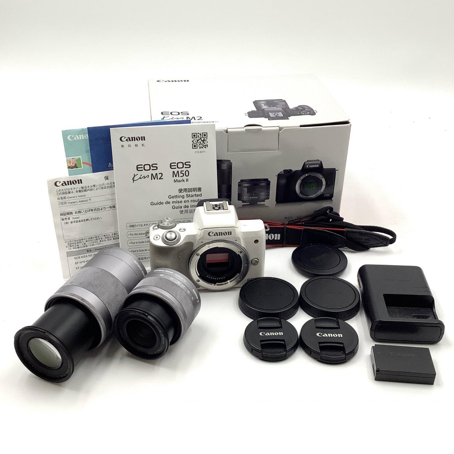 【全額返金保証】【最速発送】Canon デジタル一眼 EOS Kiss M2 ダブルズームキット ホワイト 動作確認済